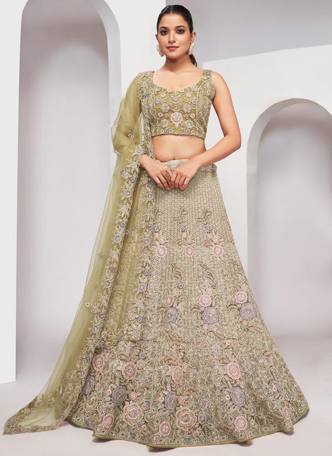 Soft Net Olive Green Wedding Wear Sequins Work Lehenga Choli